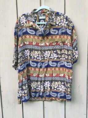Pierre Cardin Vintage Rayon Button Up Shirt XL Paisley Floral Patchwork Boho